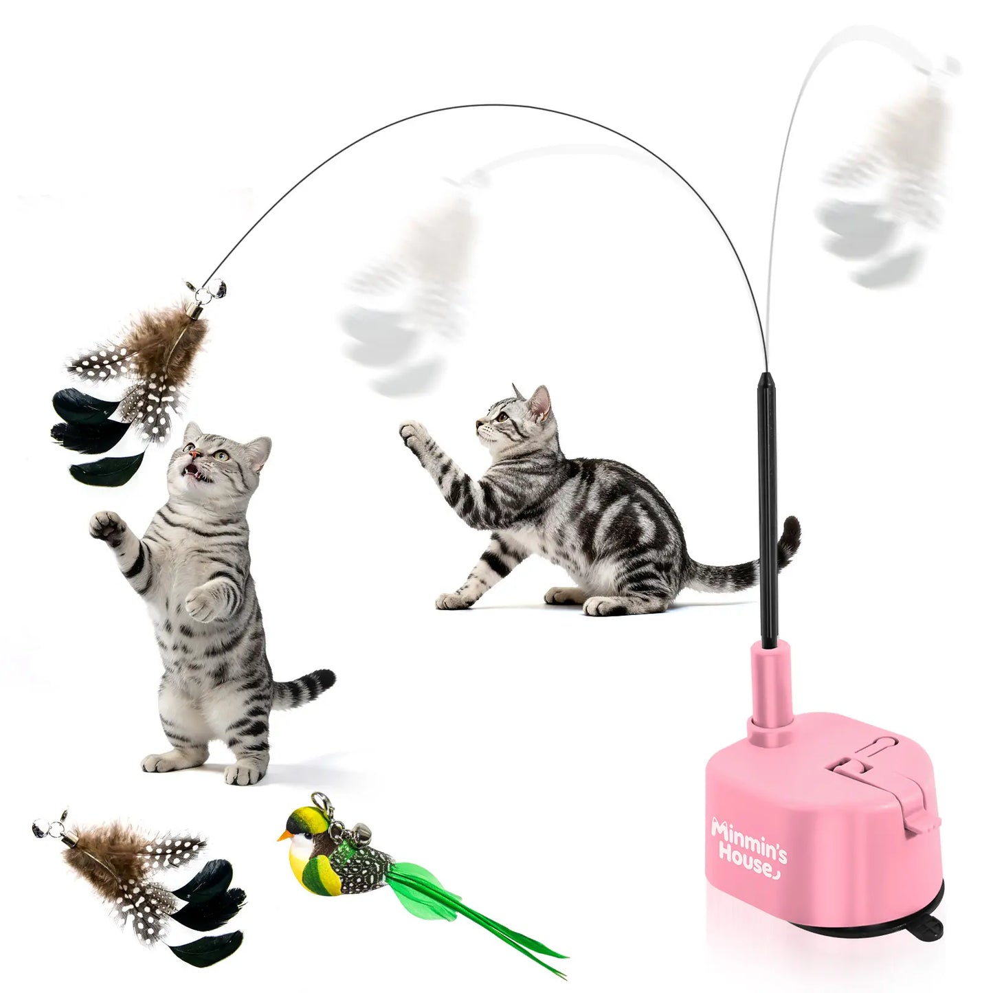 Interactive Cat Toys for Indoor Cats - Automatic 360° Swirling Flying Bird Feather Toy, USB Rechargeable Electric Cat Teaser with Reusable Strong Sticky Vacuum Suction Cup Base,Self-Play Toy for Bored Cat